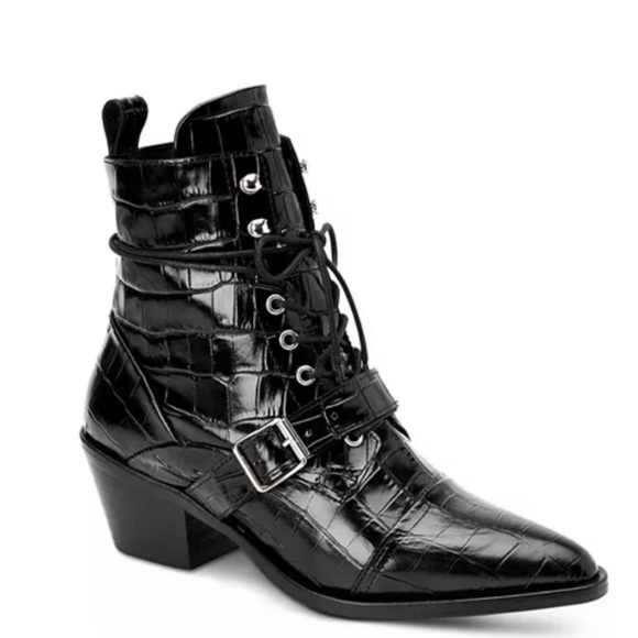 All Saints Katy Croc-Embossed Leather Lace-Up Ankle Boots